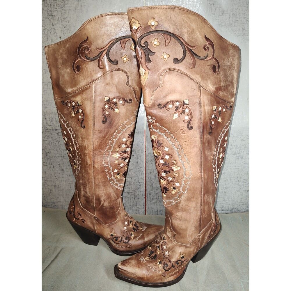 Dan Post Jilted Knee High Flower Embroidery Western Boots Sz 8.5M